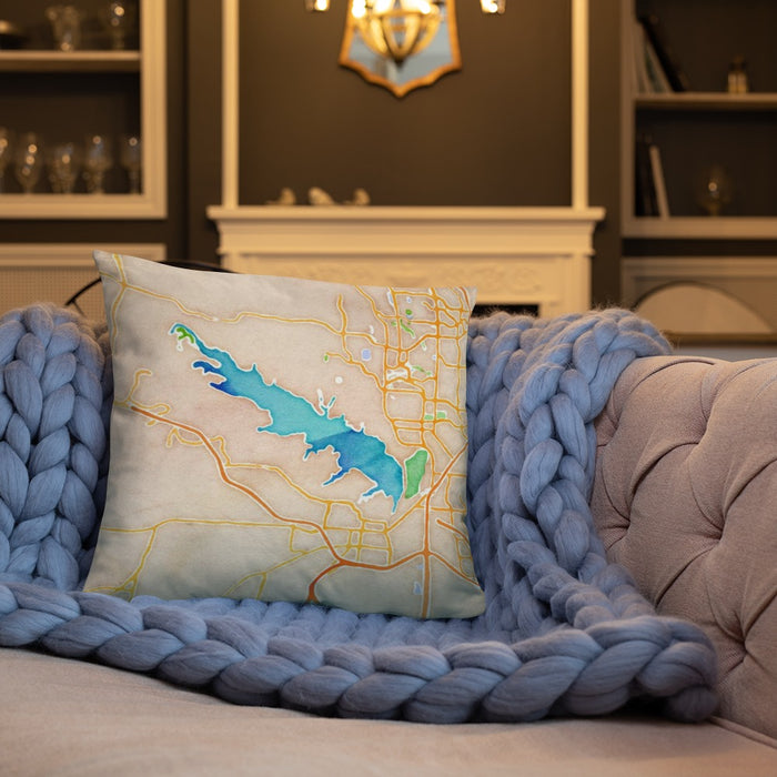 Custom Grapevine Lake Texas Map Throw Pillow in Watercolor on Cream Colored Couch