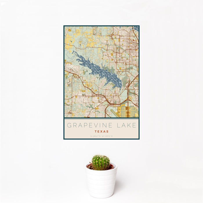 12x18 Grapevine Lake Texas Map Print Portrait Orientation in Woodblock Style With Small Cactus Plant in White Planter