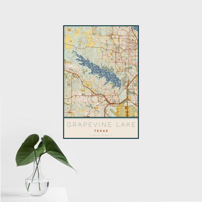 16x24 Grapevine Lake Texas Map Print Portrait Orientation in Woodblock Style With Tropical Plant Leaves in Water