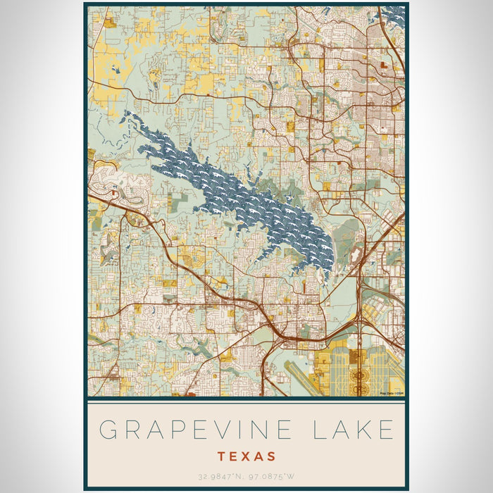 Grapevine Lake Texas Map Print Portrait Orientation in Woodblock Style With Shaded Background