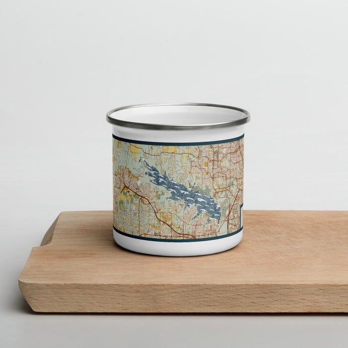 Front View Custom Grapevine Lake Texas Map Enamel Mug in Woodblock on Cutting Board