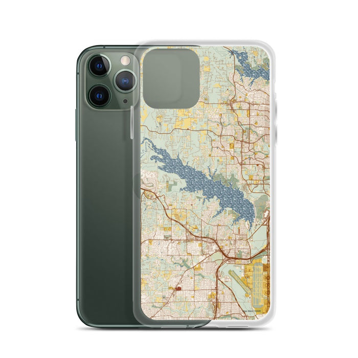 Custom Grapevine Lake Texas Map Phone Case in Woodblock on Table with Laptop and Plant