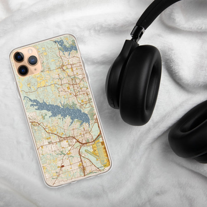 Custom Grapevine Lake Texas Map Phone Case in Woodblock on Table with Black Headphones