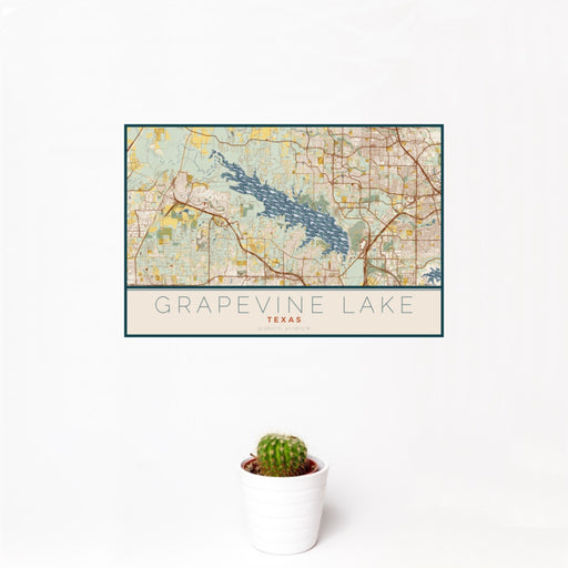 12x18 Grapevine Lake Texas Map Print Landscape Orientation in Woodblock Style With Small Cactus Plant in White Planter
