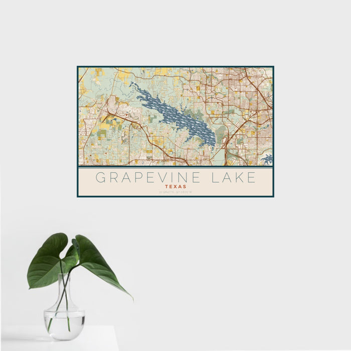 16x24 Grapevine Lake Texas Map Print Landscape Orientation in Woodblock Style With Tropical Plant Leaves in Water