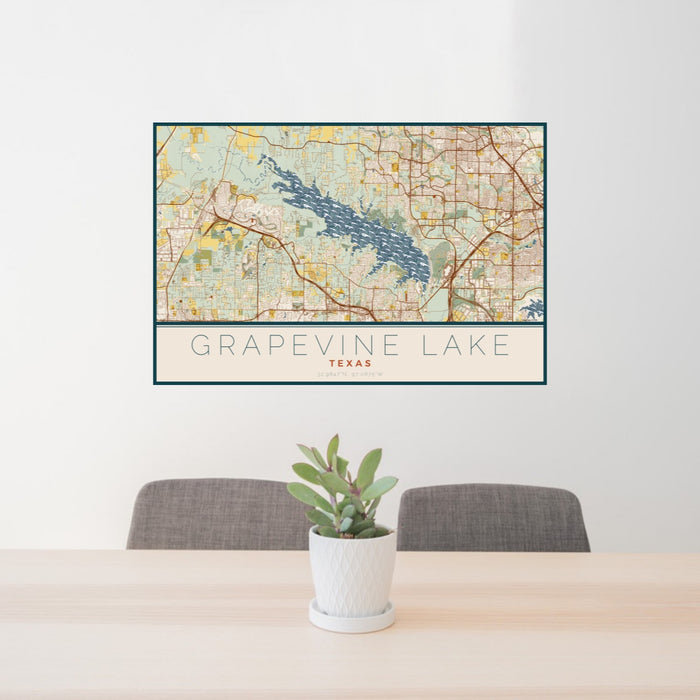 24x36 Grapevine Lake Texas Map Print Landscape Orientation in Woodblock Style Behind 2 Chairs Table and Potted Plant
