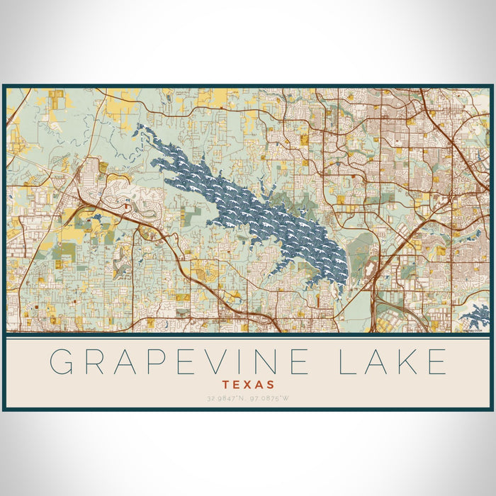 Grapevine Lake Texas Map Print Landscape Orientation in Woodblock Style With Shaded Background