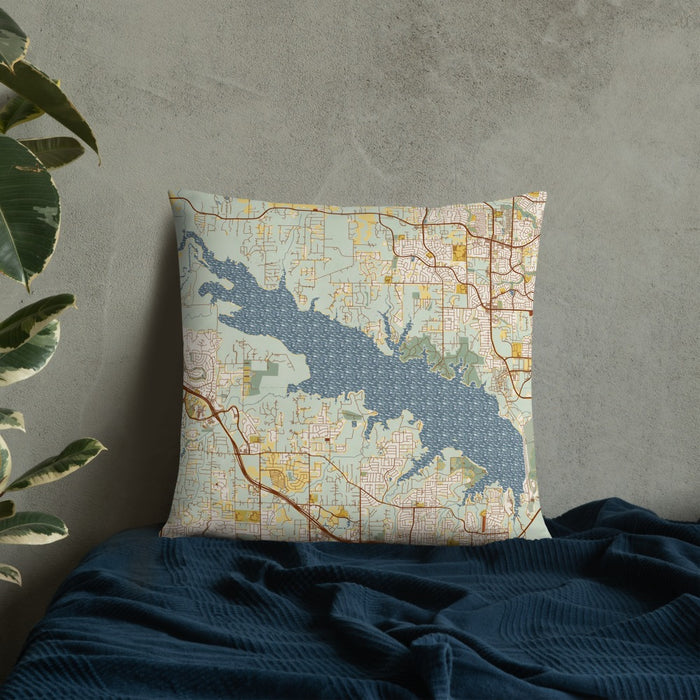 Custom Grapevine Lake Texas Map Throw Pillow in Woodblock on Bedding Against Wall