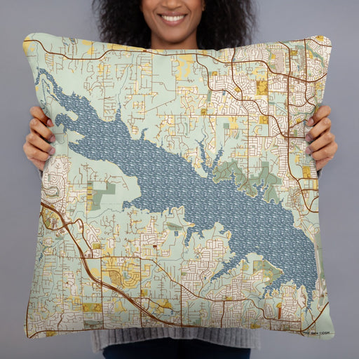 Person holding 22x22 Custom Grapevine Lake Texas Map Throw Pillow in Woodblock