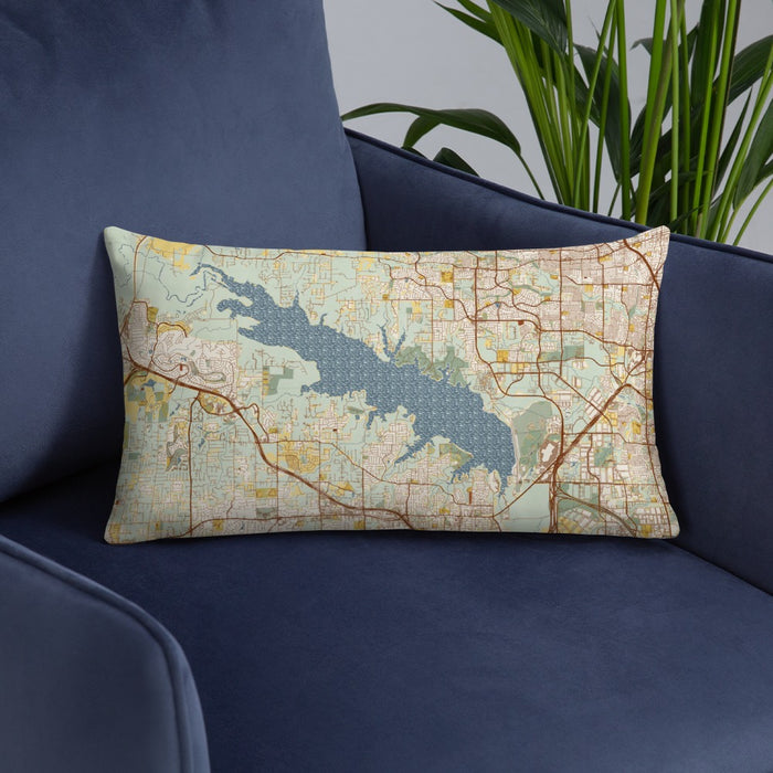 Custom Grapevine Lake Texas Map Throw Pillow in Woodblock on Blue Colored Chair