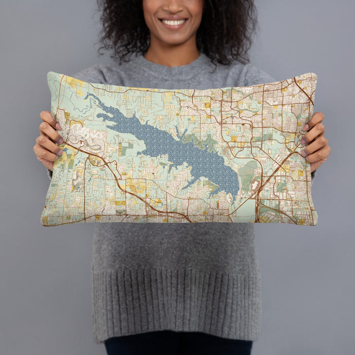 Person holding 20x12 Custom Grapevine Lake Texas Map Throw Pillow in Woodblock