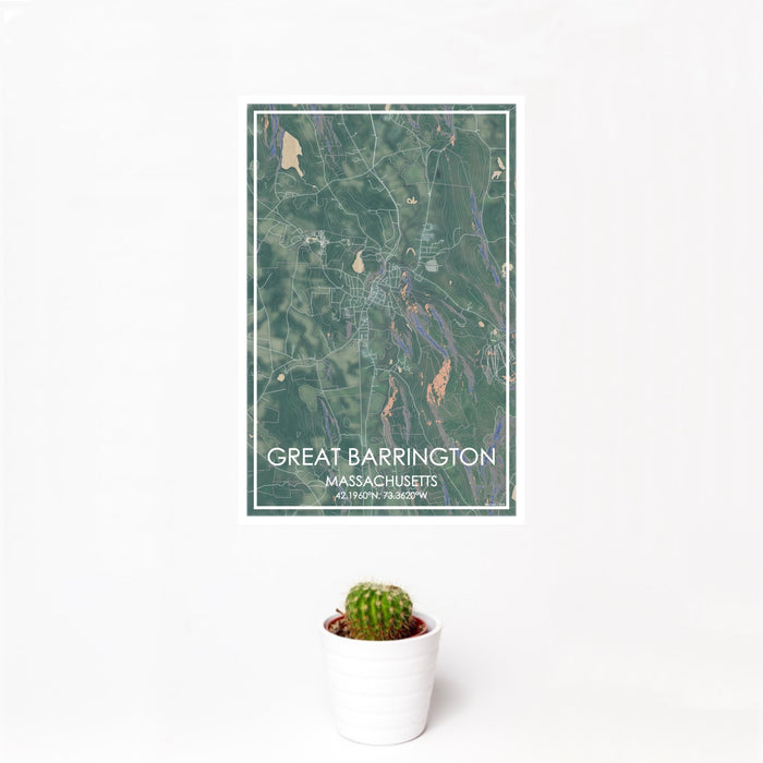 12x18 Great Barrington Massachusetts Map Print Portrait Orientation in Afternoon Style With Small Cactus Plant in White Planter