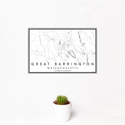12x18 Great Barrington Massachusetts Map Print Landscape Orientation in Classic Style With Small Cactus Plant in White Planter