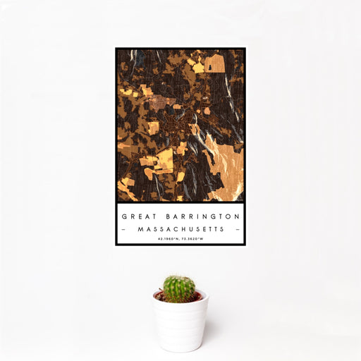 12x18 Great Barrington Massachusetts Map Print Portrait Orientation in Ember Style With Small Cactus Plant in White Planter