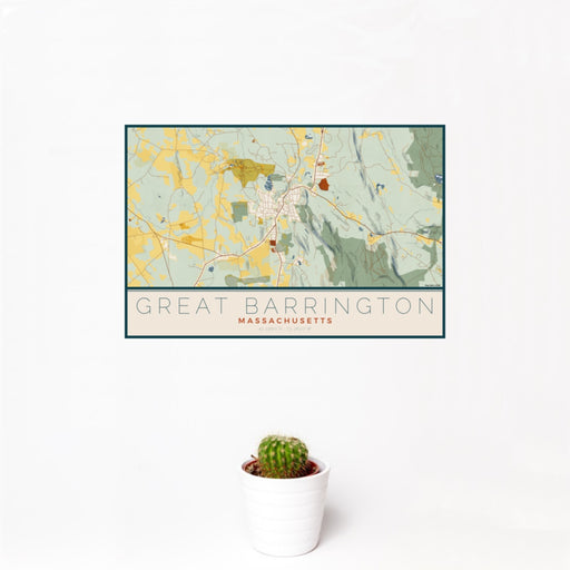12x18 Great Barrington Massachusetts Map Print Landscape Orientation in Woodblock Style With Small Cactus Plant in White Planter