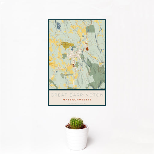 12x18 Great Barrington Massachusetts Map Print Portrait Orientation in Woodblock Style With Small Cactus Plant in White Planter