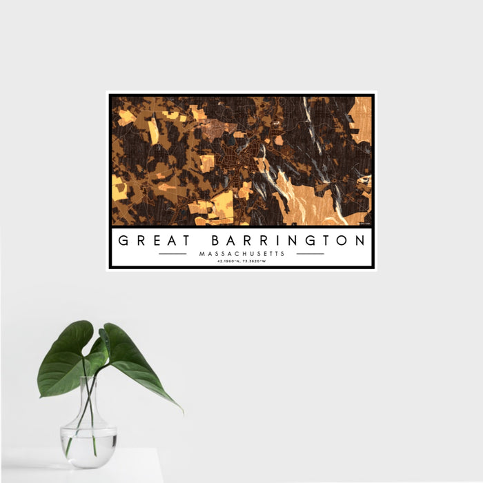 16x24 Great Barrington Massachusetts Map Print Landscape Orientation in Ember Style With Tropical Plant Leaves in Water