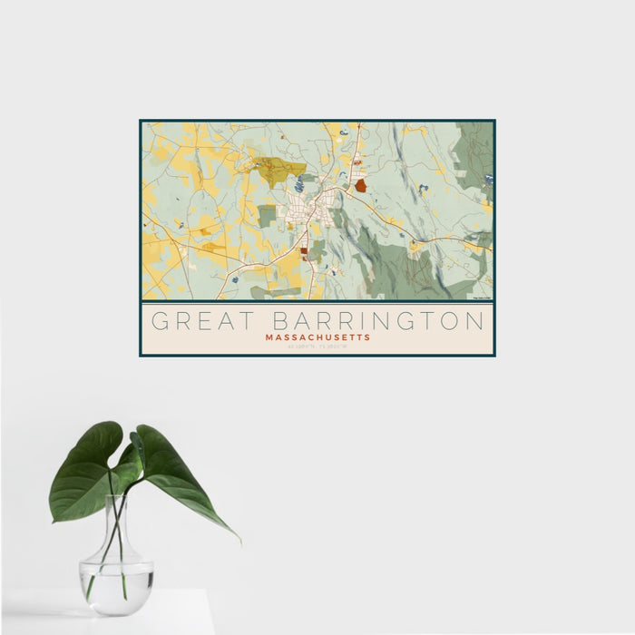 16x24 Great Barrington Massachusetts Map Print Landscape Orientation in Woodblock Style With Tropical Plant Leaves in Water