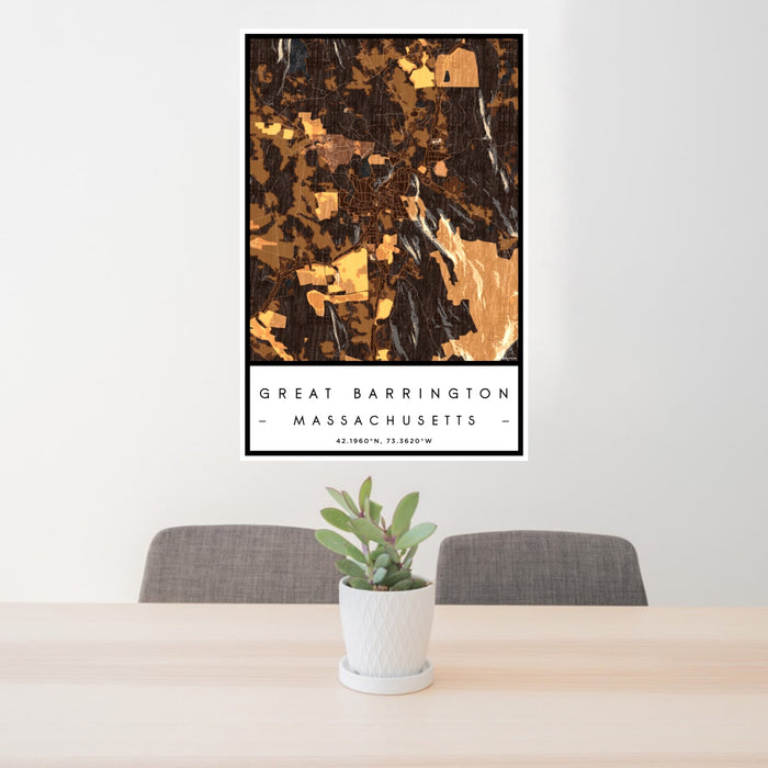 24x36 Great Barrington Massachusetts Map Print Portrait Orientation in Ember Style Behind 2 Chairs Table and Potted Plant