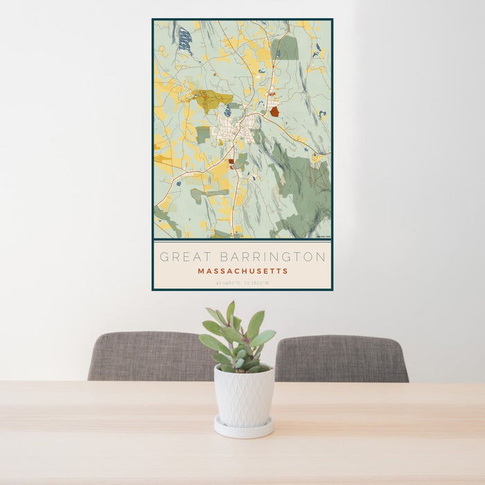 24x36 Great Barrington Massachusetts Map Print Portrait Orientation in Woodblock Style Behind 2 Chairs Table and Potted Plant