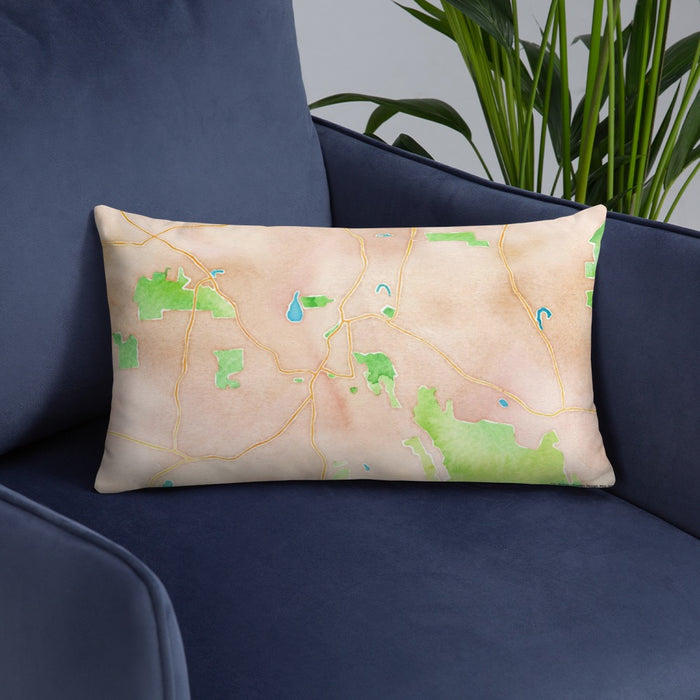 Custom Great Barrington Massachusetts Map Throw Pillow in Watercolor on Blue Colored Chair