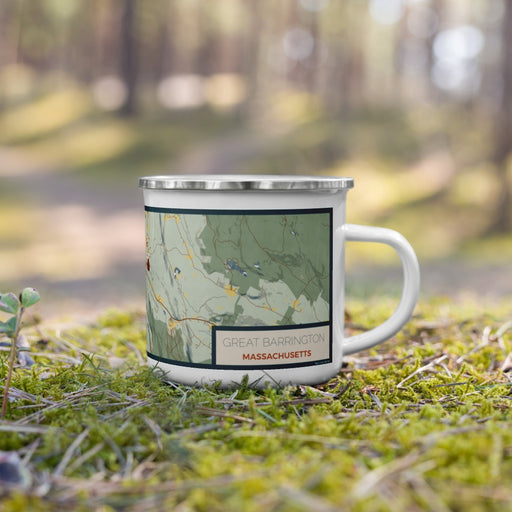Right View Custom Great Barrington Massachusetts Map Enamel Mug in Woodblock on Grass With Trees in Background