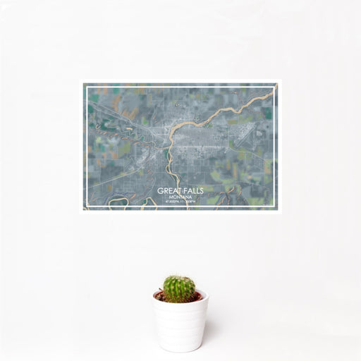 12x18 Great Falls Montana Map Print Landscape Orientation in Afternoon Style With Small Cactus Plant in White Planter