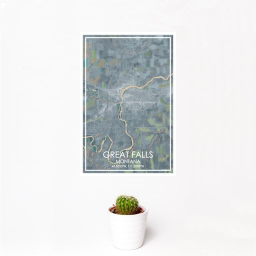 12x18 Great Falls Montana Map Print Portrait Orientation in Afternoon Style With Small Cactus Plant in White Planter