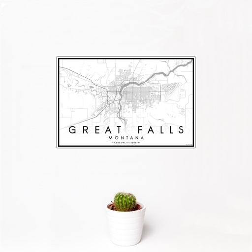 12x18 Great Falls Montana Map Print Landscape Orientation in Classic Style With Small Cactus Plant in White Planter