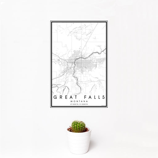12x18 Great Falls Montana Map Print Portrait Orientation in Classic Style With Small Cactus Plant in White Planter