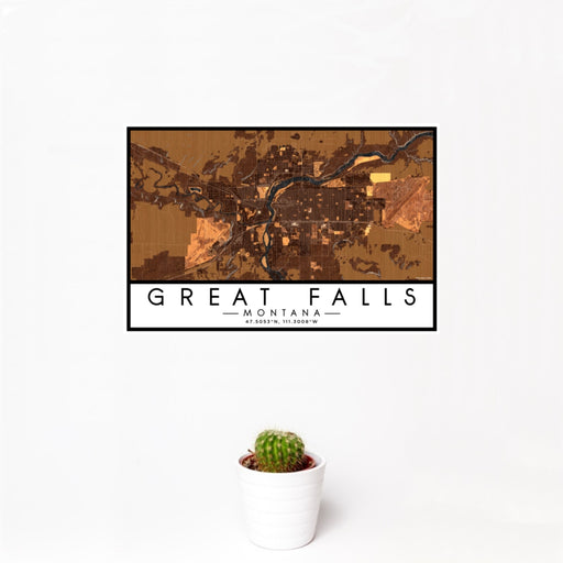 12x18 Great Falls Montana Map Print Landscape Orientation in Ember Style With Small Cactus Plant in White Planter