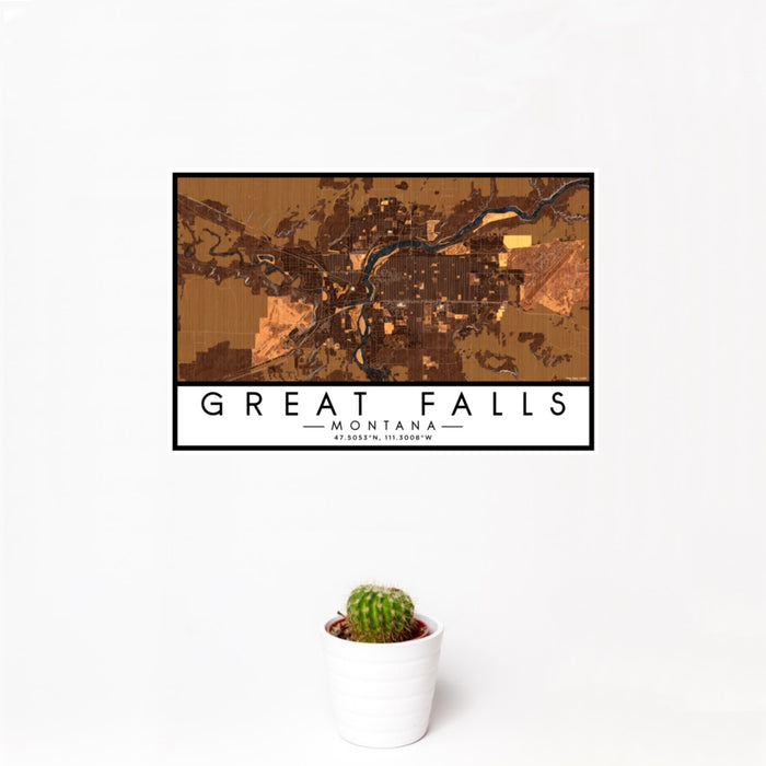 12x18 Great Falls Montana Map Print Landscape Orientation in Ember Style With Small Cactus Plant in White Planter