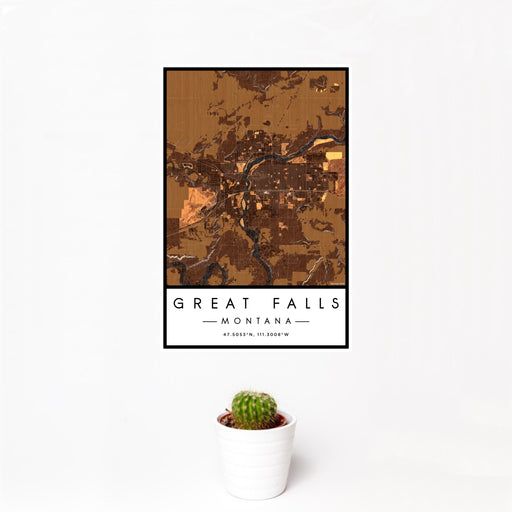 12x18 Great Falls Montana Map Print Portrait Orientation in Ember Style With Small Cactus Plant in White Planter