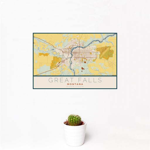 12x18 Great Falls Montana Map Print Landscape Orientation in Woodblock Style With Small Cactus Plant in White Planter