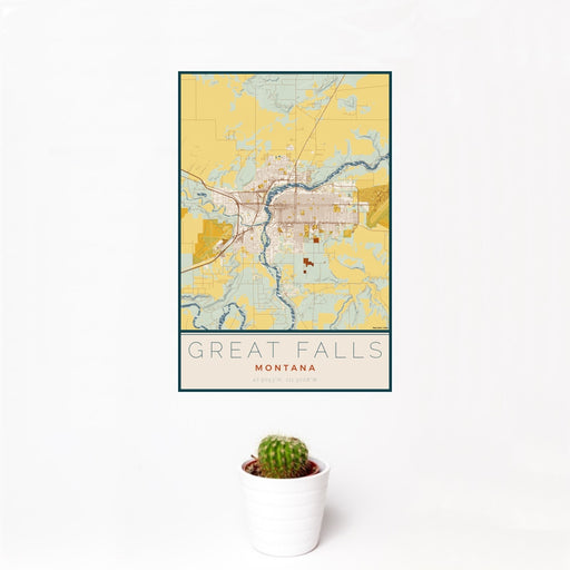 12x18 Great Falls Montana Map Print Portrait Orientation in Woodblock Style With Small Cactus Plant in White Planter