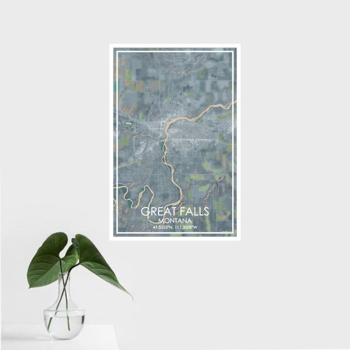 16x24 Great Falls Montana Map Print Portrait Orientation in Afternoon Style With Tropical Plant Leaves in Water