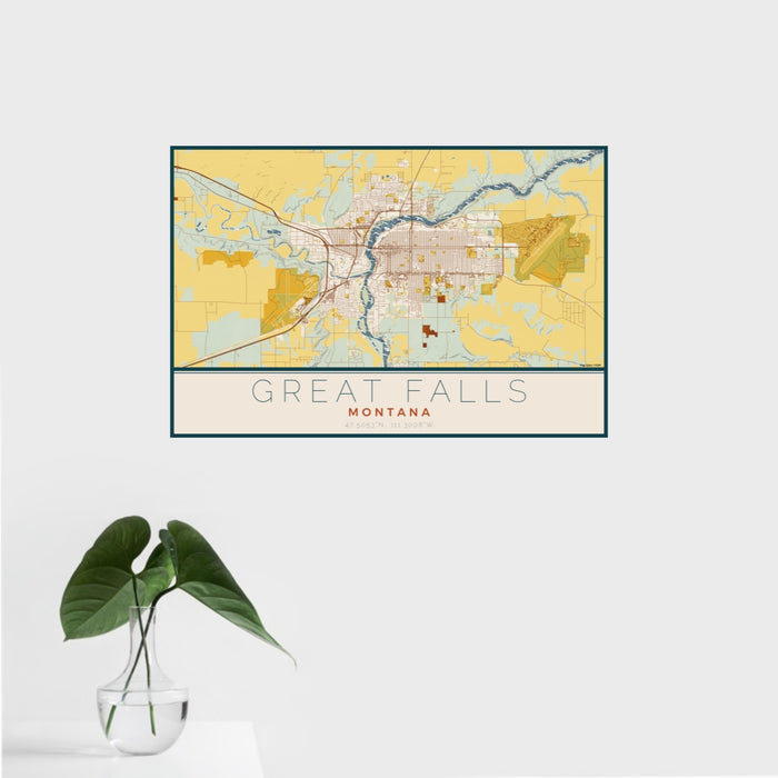 16x24 Great Falls Montana Map Print Landscape Orientation in Woodblock Style With Tropical Plant Leaves in Water