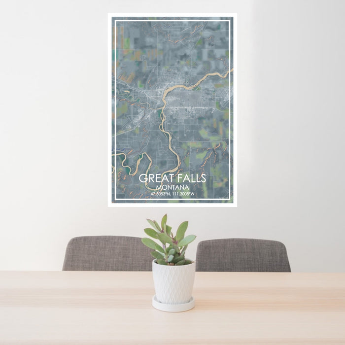 24x36 Great Falls Montana Map Print Portrait Orientation in Afternoon Style Behind 2 Chairs Table and Potted Plant