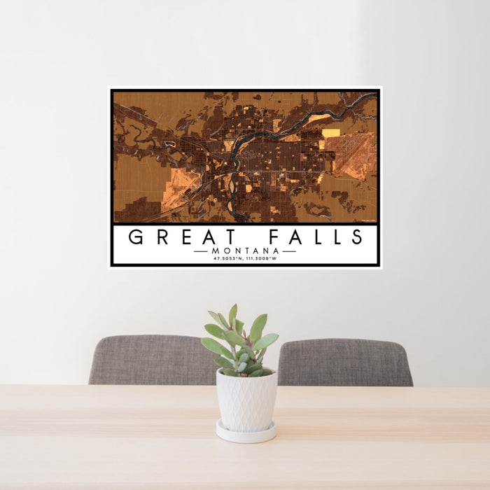24x36 Great Falls Montana Map Print Lanscape Orientation in Ember Style Behind 2 Chairs Table and Potted Plant