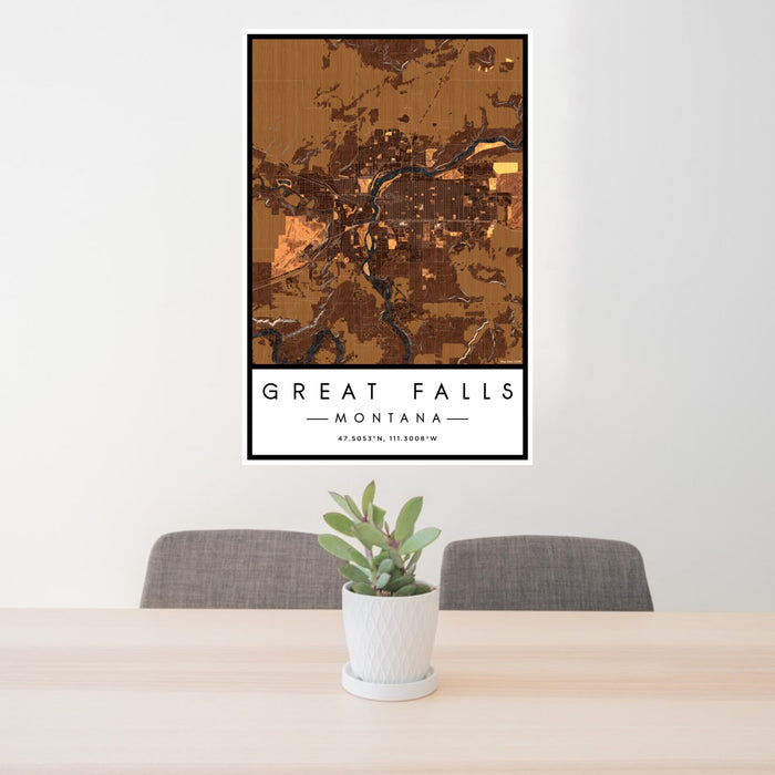 24x36 Great Falls Montana Map Print Portrait Orientation in Ember Style Behind 2 Chairs Table and Potted Plant