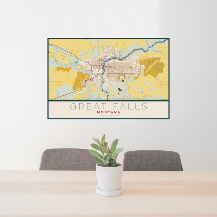 24x36 Great Falls Montana Map Print Lanscape Orientation in Woodblock Style Behind 2 Chairs Table and Potted Plant