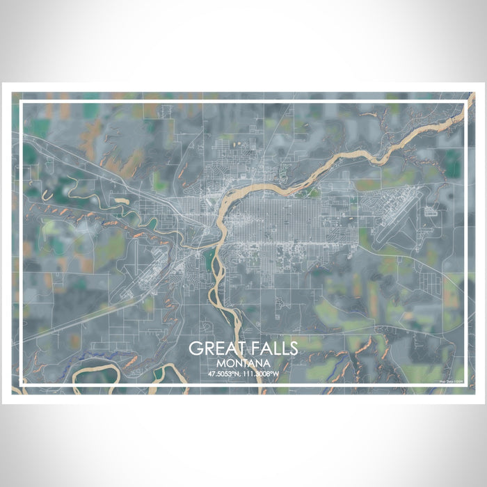 Great Falls Montana Map Print Landscape Orientation in Afternoon Style With Shaded Background