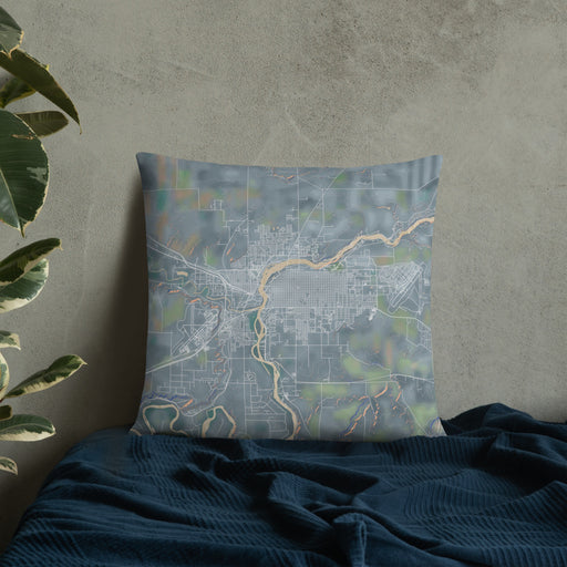 Custom Great Falls Montana Map Throw Pillow in Afternoon on Bedding Against Wall