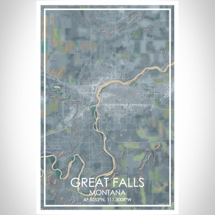 Great Falls Montana Map Print Portrait Orientation in Afternoon Style With Shaded Background