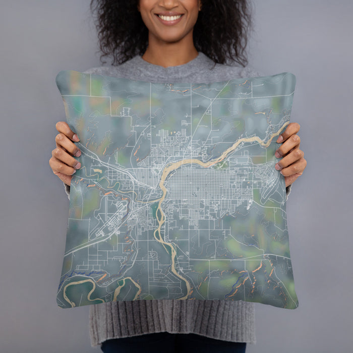 Person holding 18x18 Custom Great Falls Montana Map Throw Pillow in Afternoon
