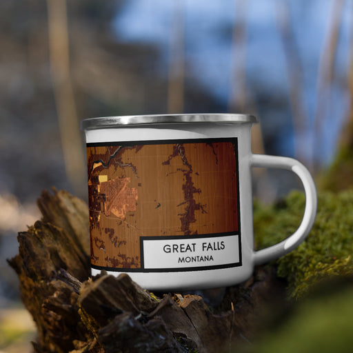 Right View Custom Great Falls Montana Map Enamel Mug in Ember on Grass With Trees in Background