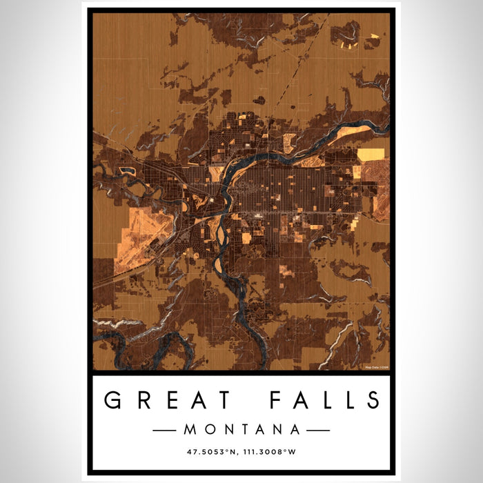 Great Falls Montana Map Print Portrait Orientation in Ember Style With Shaded Background
