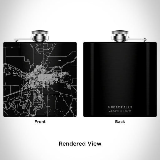 Rendered View of Great Falls Montana Map Engraving on 6oz Stainless Steel Flask in Black
