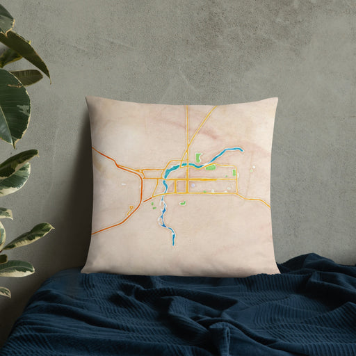 Custom Great Falls Montana Map Throw Pillow in Watercolor on Bedding Against Wall