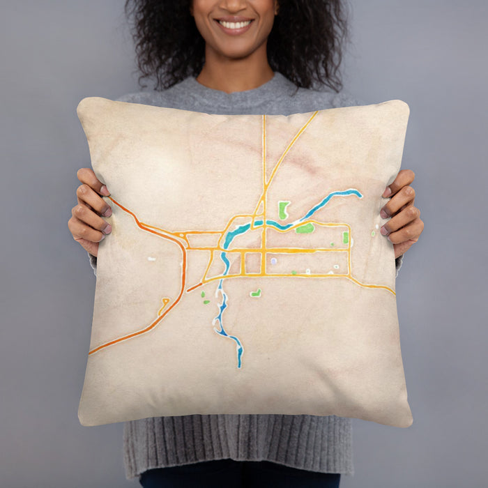 Person holding 18x18 Custom Great Falls Montana Map Throw Pillow in Watercolor